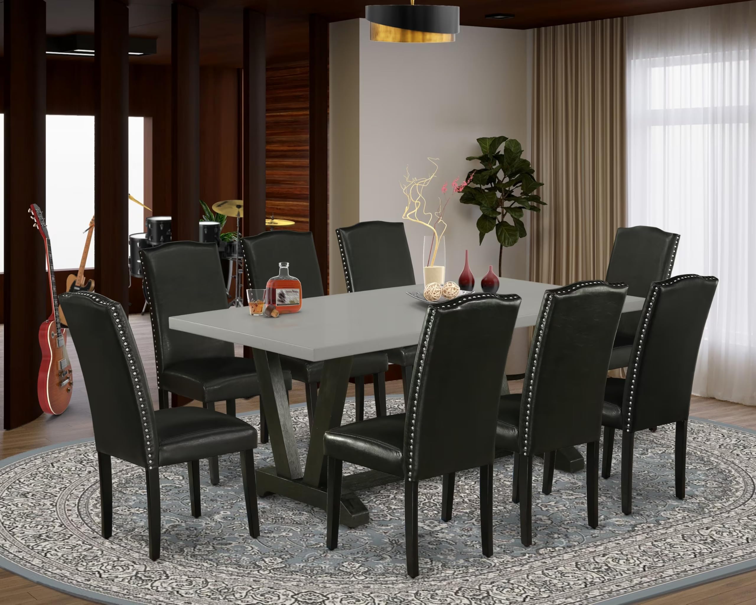 East West Furniture V697En169-9 9 Piece Dining Table Set Includes A Rectangle Dining Room Table With V-Legs And 8 Black Faux Leather Parsons Chairs, 40X72 Inch, Multi-Color